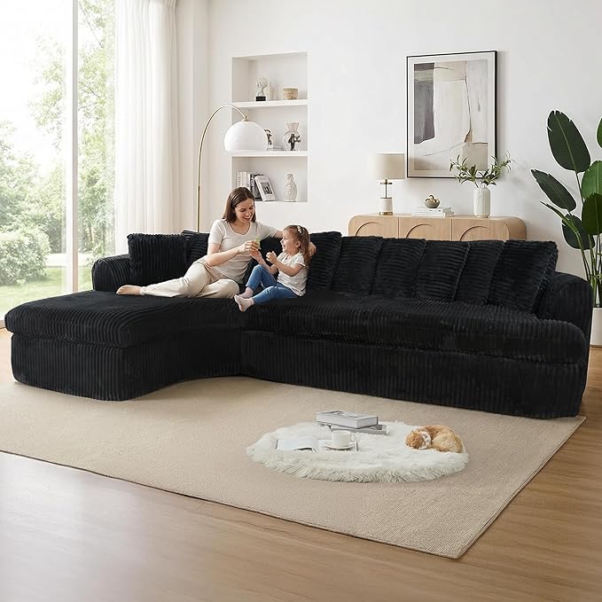 129'' Cloud Sectional Couches for Living Room Oversized L Shaped Couch Curved Boneless Sofa Corduroy Upholstered Corner Sofa Black