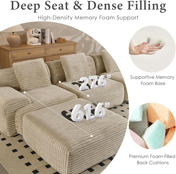 VK·LIVING 113 Cloud Sectional Couch 61.6 Deep Seat Boneless Modular Sofa with Wide Armrests Plush Corduroy Memory Foam Couch for Living Room No Assembly Sage Green