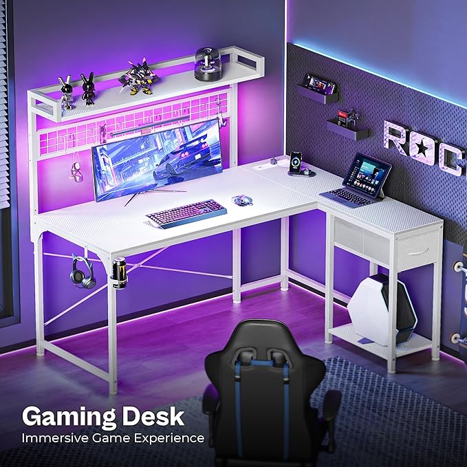 PRAISUN L Shaped Gaming Desk with Shelves Corner Computer Table with LED Lights Power Outlets and USB-C Ports 50 Inch Reversible Home Office Desk with Storage Drawer for Work and Study White