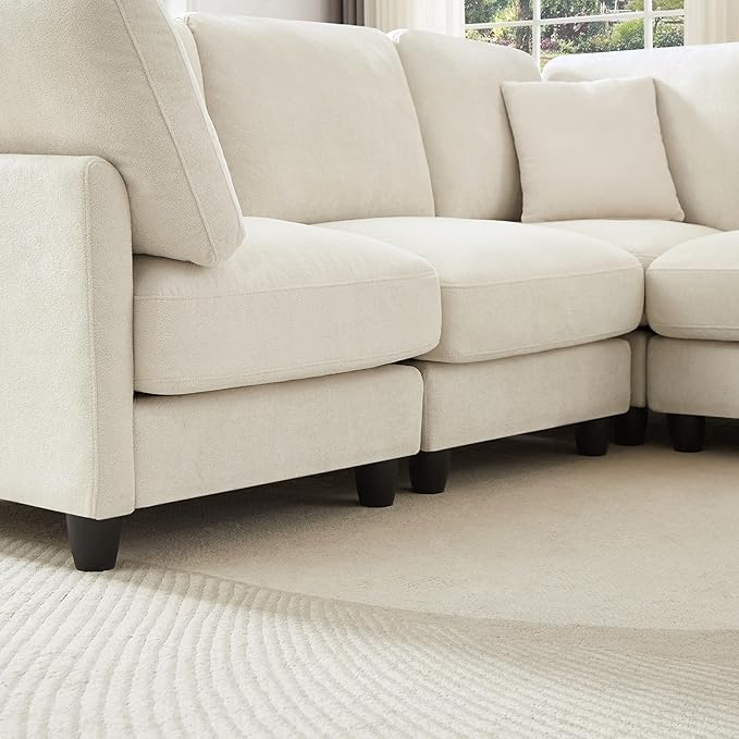 121'' 7-Seater Modular Sectional Upholstered Couches Chenille Cloud Couch with Movable OttomanL/U-Shape Modern Sofa for Living RoomBeige