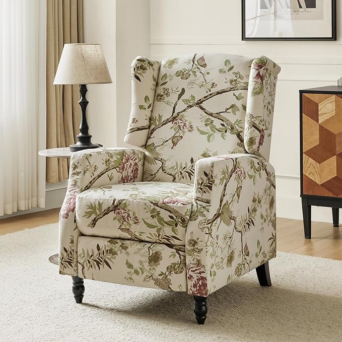 HULALA HOME Wingback Recliner Chair Traditional Push Back Recliner Single Sofa Chair with Solid Wood Legs Modern Lounge Armchair for Living Room Comfy Upholstered Accent Reclining Bird