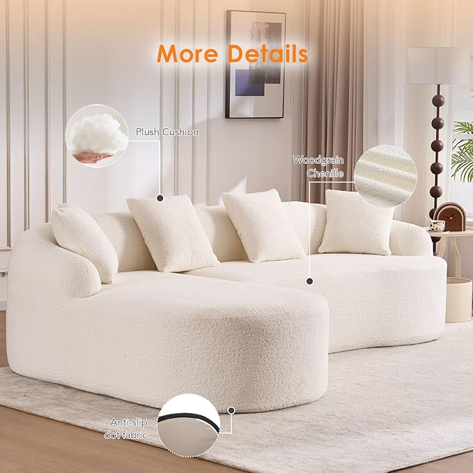 Curved Sectional Sofa Couch Oversized L Shape Deep Seat Cloud Couch Modern Chenille 4-Seater Sofa with Chaise No Assembly Required Couches for Living Room Apartment Office Beige White