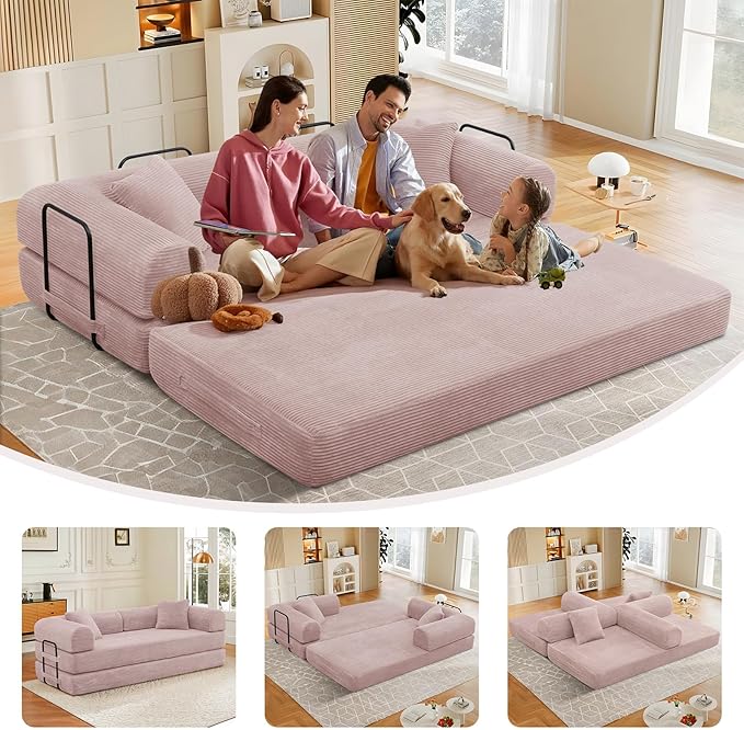78 Convertible Sleeper Sofa Bed with Cylindrical Pillow Corduroy Folding Mattress Couch with Fixed Frame Floor Sofa Lounge Couch for Living Room Bedroom Apartment Pink