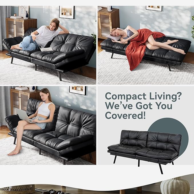 Vyfipt Convertible Futon Sofa Bed Black Faux Leather Futon Couch with Adjustable Backrest &amp Armrests Folding Small Recliner Sleeper Sofa Bed for Living Room Apartment Office