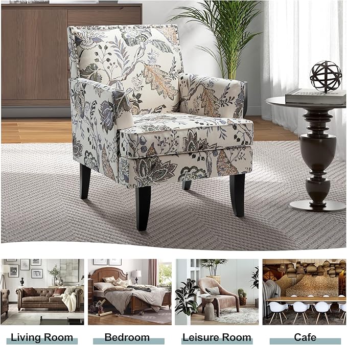 HULALA HOME Modern Accent Chair with Arms and Wooden Legs Floral Patterned Accent Chair Armchair High Back Rest Padded Armrest and Comfortable Cushioned Seat for Living Room (Orange Grey Floral)
