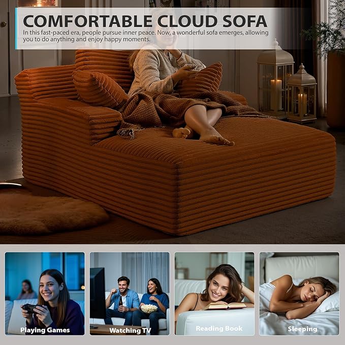 67 Inch Chaise Lounge Chair Indoor Oversized Corduroy Upholstered Boneless Sofa Bed Deep Seat Sleeper Couch Reading Chairs Cloud Sofas Couches for Living Room No Assembly Required (Orange)