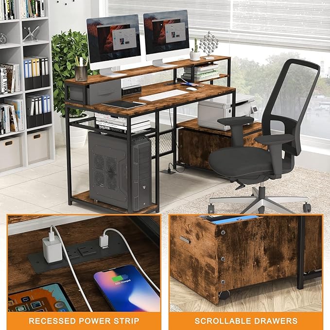 Home Office Desks with Drawers 66'' Computer Desk with Storage Office Desk with Monitor Stand Work Desk with Outlets and USB Gaming Table Desk with File Cabinet for Home Office Table Brown