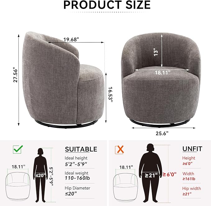FOXHUNTER Swivel Barrel Chair 360° Small Single Sofa Armchair Comfy Round Sofa Chair Boucle Chairs Padded Armchair Modern Round Accent Arm Chairs for Living Room Bedroom Chenille Light Gray