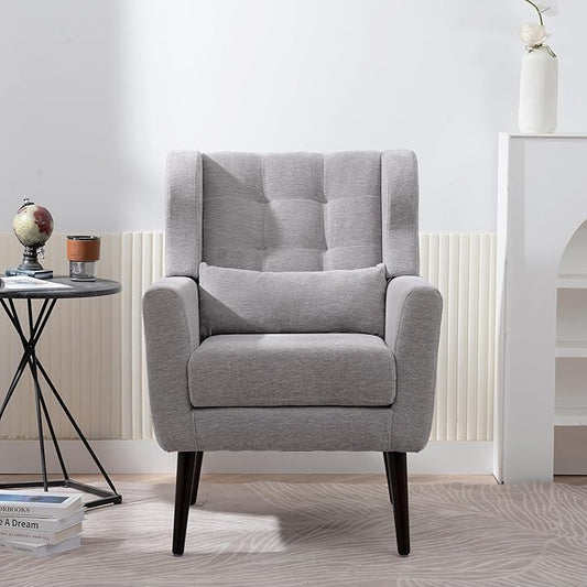 Bellemave Modern Accent ChairChenille Fabric Reading Living Room Side ChairSingle Sofa with Wood Legs Armchair for Living Room Bedroom(Gray) Grey