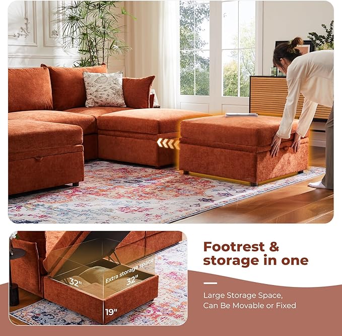 ABCASA 102.6 U Shaped Modular Sectional Couch Oversized Couch with 2 Storage Ottoman 24.5 Deep Seat Pet-Friendly Removable Backrest Cover Orange Chenille Large Couches for Living Room Bedroom