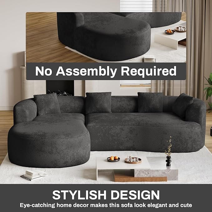 Oversized Sectional Sofa with Left Chaise for Living Room 111 Modern Curved L Shape Cloud Couch with Extra Deep Seat Modern Luxury Chenille 4 Seater No Assembly Required Black
