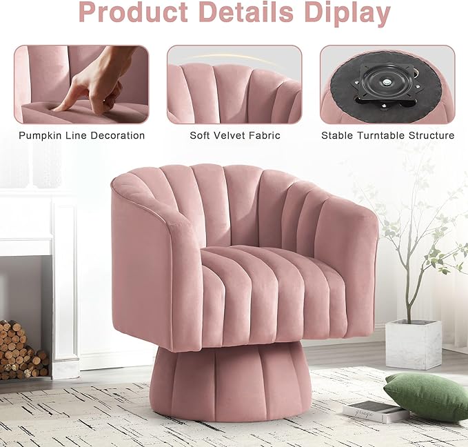 YSICK Swivel Accent Chair 360°Swivel Barrel Chair Modern Ottoman with Velvet Fabric Mid-Century Ottoman with Wide Upholstered Round Armchair for Living Room Lounge BedroomPink