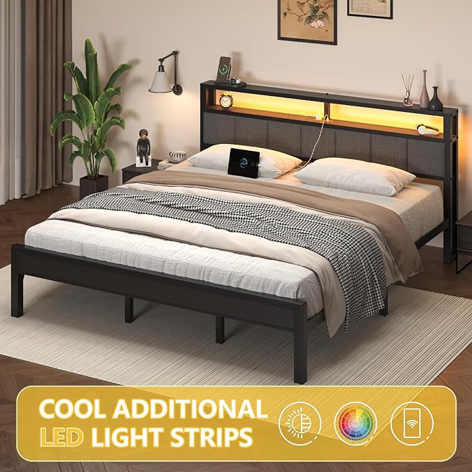 King Size Bed Frame with LED Lights and Charging Station Wood Storage Headboard with 2-Tier Shelves Heavy Duty Metal Slats No Box Spring Need Noise Free Easy Assembly Light Grey