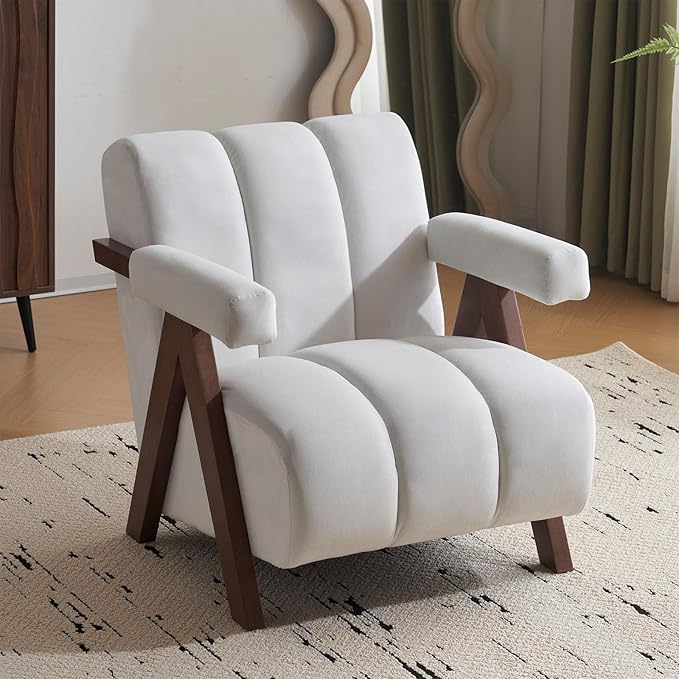 Modern Upholstered Accent Chair Comfy Tufted Arm Chair with Solid Wood Frame Upholstered Living Room Chairs with Thick Cushion Single Sofa for Living Room Bedroom Balcony