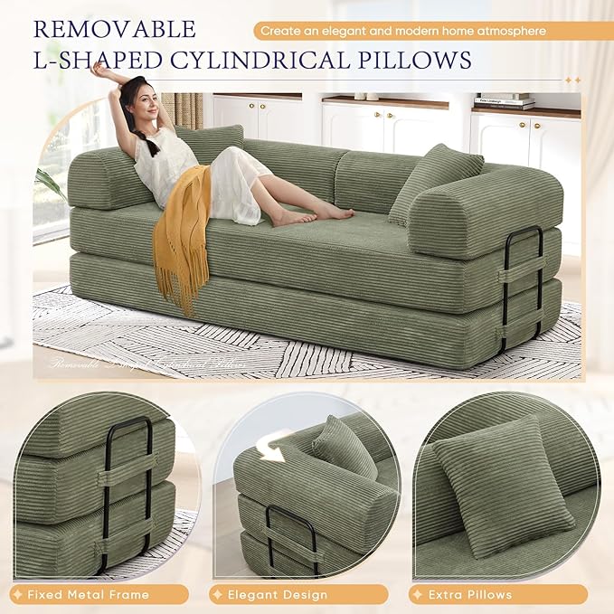 Convertible Folding Sofa Bed Corduroy Sleeper Mattress Couch with Fixed-Shape Frame Free Combination Loveseat Lounge Floor Sofa Queen Size Memory Foam Couch for Living Room Bedroom Light Green