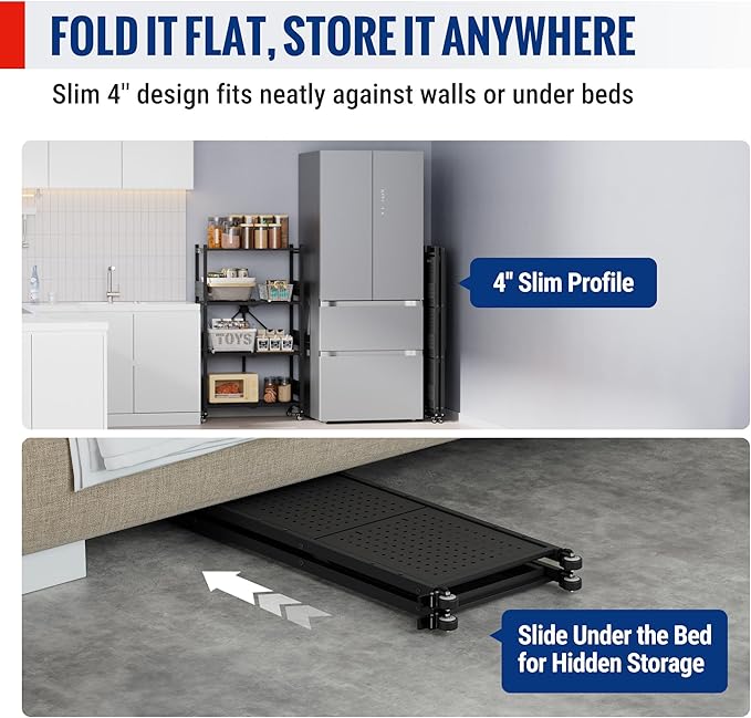 WORKPRO 4-Tier Folding Shelf No-Assembly Metal Storage Rack with Wheels 600 lbs Capacity (with Leveling Feet) Collapsible Shelving Unit for Kitchen Pantry Bathroom &amp Closet Organization