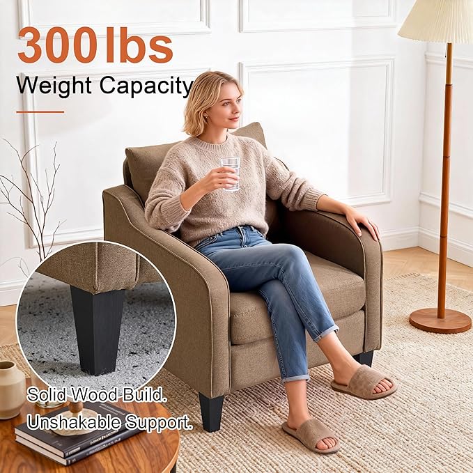 Accent Chair Brown Mid Century Modern Arm Chair Fine Linen Fabric Upholstered Armchair with Scooped Arms Comfy Reading Chair for Living Room Bedroom Office Apartment