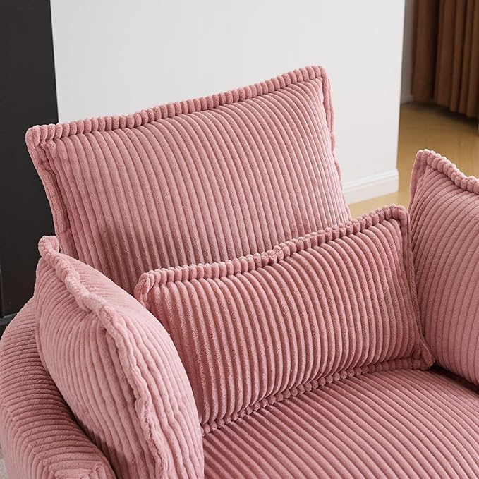 Karl home Swivel Accent Barrel Chair Single Sofa with 3 Pillows 360 Degree Modern Lounge Armchair Chair Comfy Round Reading Chair Corduroy Armchair for Living Room Bedroom Lounge Pink