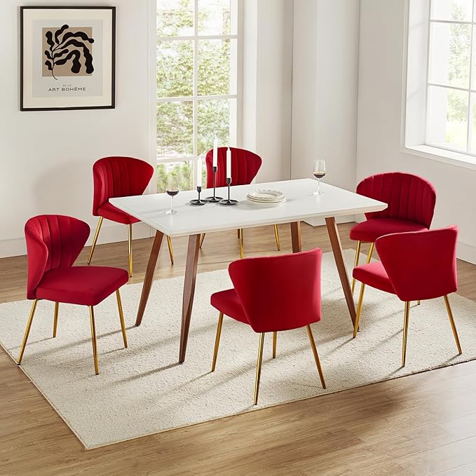 HULALA HOME Dining Chairs Set of 2 Velvet Upholstered Kitchen &amp Dining Room Chairs with Metal Legs Vanity Chair Armless Side Chairs for Living Room Bedroom Restaurant Channel Curved Backrest Red