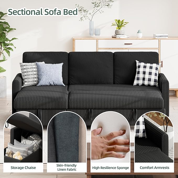 Sofa Bed Couch Sectiona Sofa 4-in-1 Multifunctional Pull-Out Couch Sleeper Sofa Couch with Storage Chaise Pullout Sectional Couches for Living Room/Office/ApartmentBlack