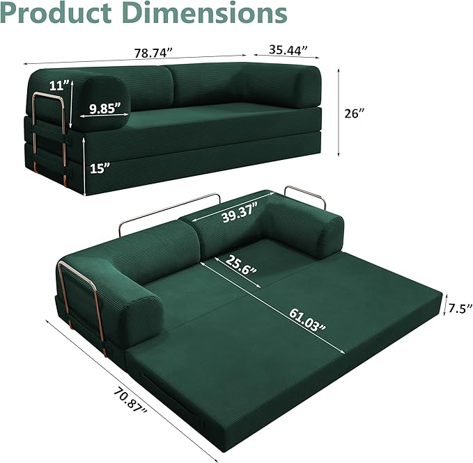 78.8 Convertible Sofa Bed 4-in-1 Folding Sleeper Couches Frameless SofaPull Out Couch Memory Foam Floor SofaNo Assembly Boneless Couch for Living Room