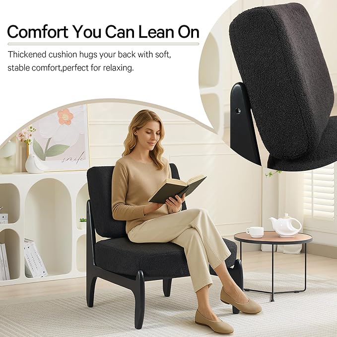 Qulomvs Modern Accent Chair Mid Century Accent Chair with Wooden Frame Upholstered Comfy Reading Chair Armless Side Sofa Chair for Living Room Bedroom (Black Teddy Fabric)