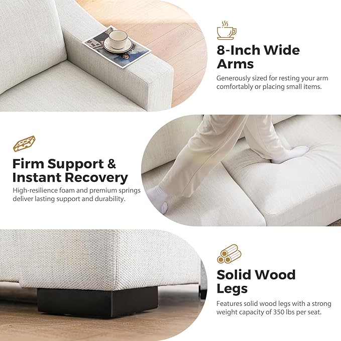 ELUCHANG 85 Modern Sofa Couches for Living Room 3 Seater Natural Linen Sofa with Extra Deep Seats Upholstered Cushion&ampDetachable Cover Comfy Couch for Small Space Apartment White 2PC | Brea