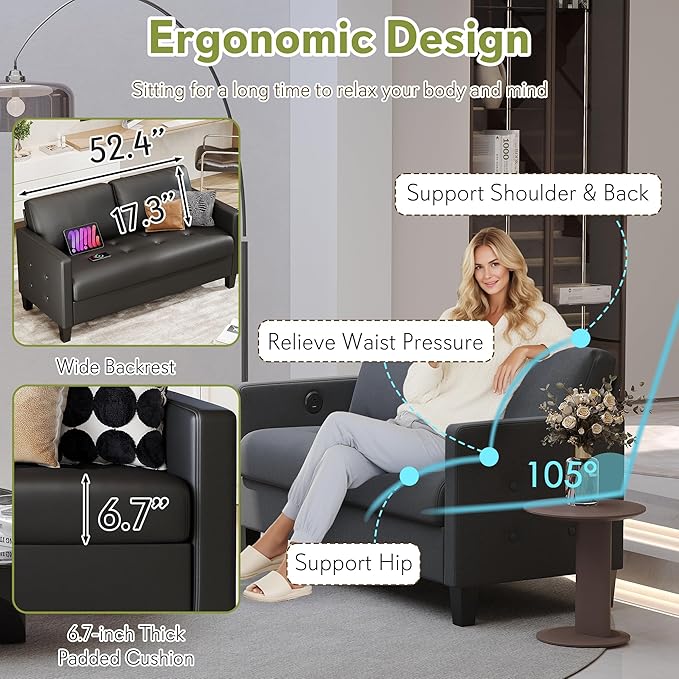 STHOUYN 59 Black Faux Leather Sofa Couch Modern Comfy Office 2 Seater Couch Loveseat with Tufted Armrest and USB Small Love Seat Couches for Living Room Apartment Bedroom
