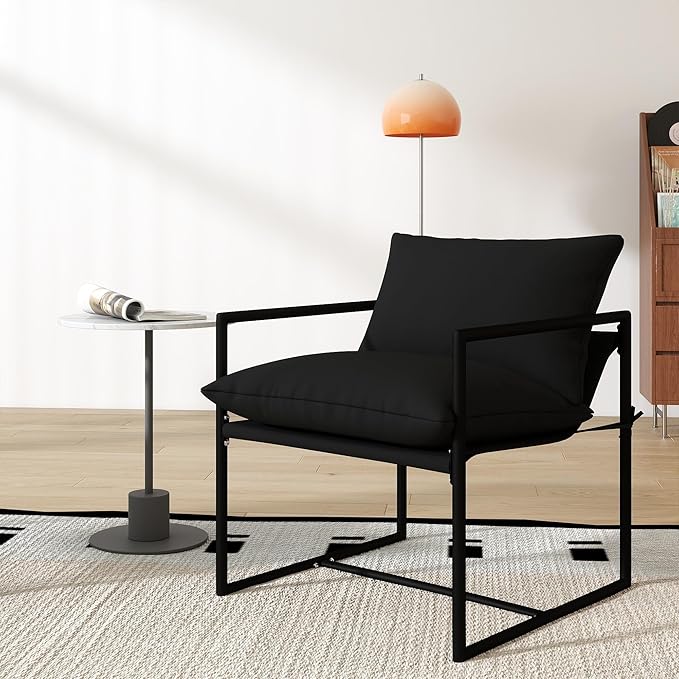 Modern Accent Chair with Arms Comfortable Living Room Seating Square Metal Frame Soft Upholstered Cushion Sponge Filling Easy to Assemble Black