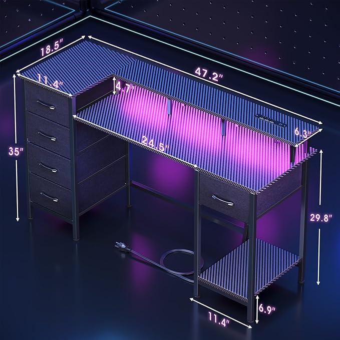 47 Inch Computer Gaming Desk with Power Outlets &amp LED Lights Reversible Home Office Desk with Adjustable 5 Fabric Storage Drawers for Working Writing Study Carbon Fiber Black