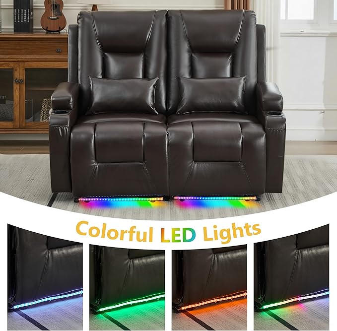 URRED Power Loveseat Recliner Sofa Wall Hugger Reclining Loveseat RV Couch with LED Light USB Ports Cup Holders and Side Pockets for Home Theater Faux Leather - Dark Brown