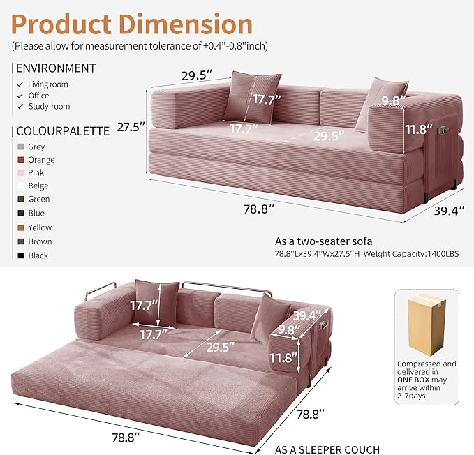 78.8 Convertible Sofa Bed with Armrest Pillow 4-in-1 Sleeper Couch Bed for Livingroom Modular Corduroy Boneless couches No Assembly (Pink)