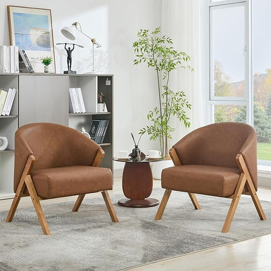 TrailBlaze Comfortable Mid-Century Modern Accent Chair for Living Room – Upholstered Reading Armchair with Sturdy Wood Frame PU Leather Easy Assembly – Shallow Walnut Foot | PU | Brown