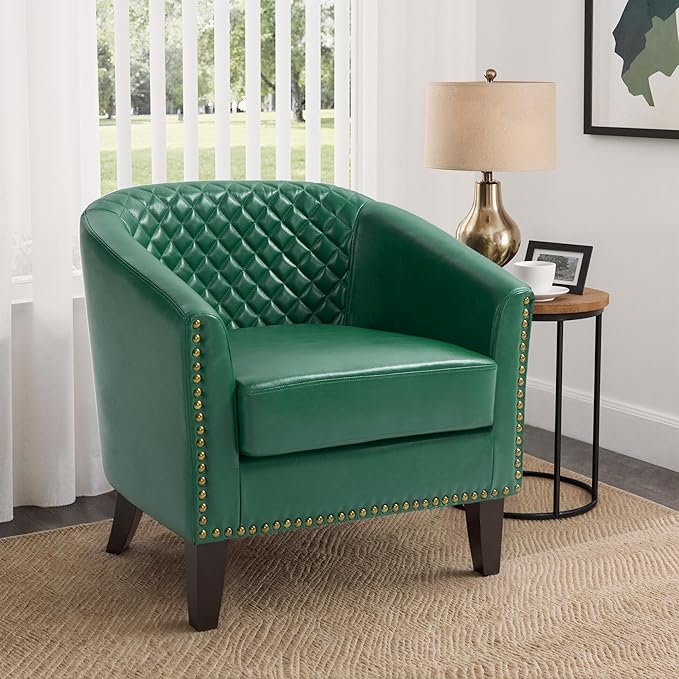 Pia Ricco Faux Leather Barrel Chairs Set of 2 Modern Comfy Accent Chairs Upholstered Armchair Club Chairs with Nailhead Trim Single Sofa Barrel Chair for Living Room Reading Room Green