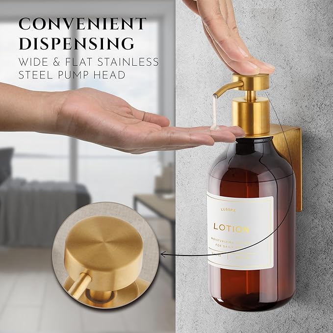 Shower Shampoo Dispenser Wall Mounted – 3 Refillable 16.9 oz Amber Bottles with Stainless Steel Pumps &amp No-Drill Adhesive Holders – Soap Dispenser Set for Bathroom (3 X Amber/Gold)