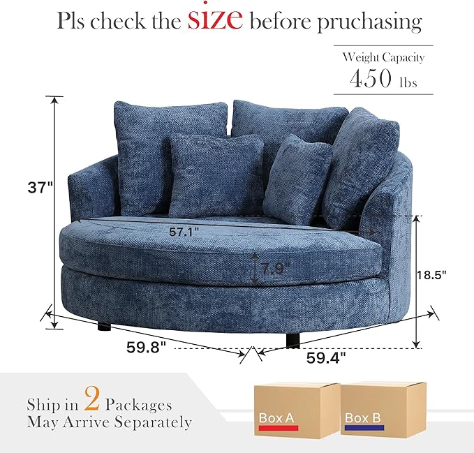 Aoiy &amp Wifon 59.8 W Oversized Barrel Chair Round Accent Chair with Wheels Extra Large Living Room Chair Knitted Chenille Blue