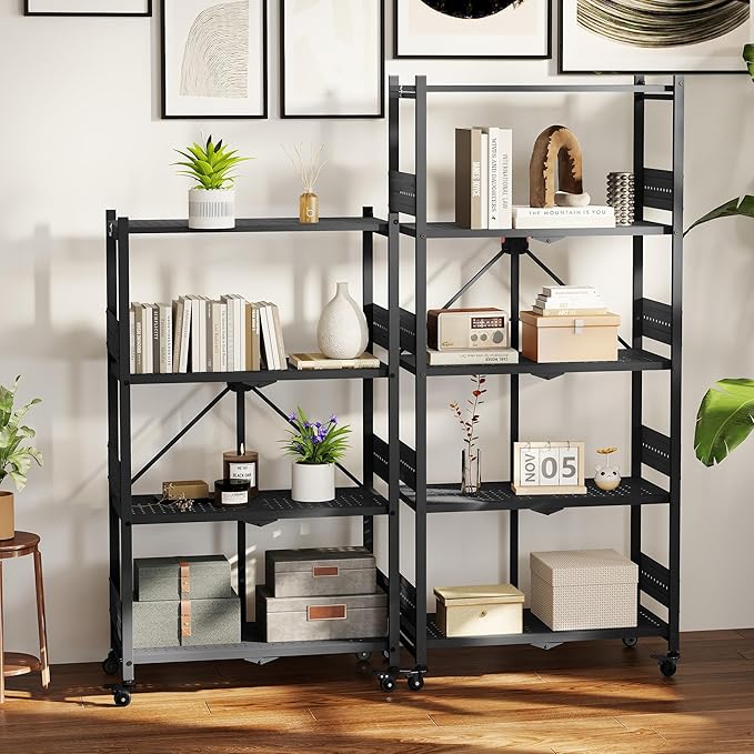 WORKPRO 5-Tier Folding Shelf No-Assembly Metal Storage Rack with Wheels 750 lbs Capacity (with Leveling Feet) Collapsible Shelving Unit for Kitchen Pantry Bathroom &amp Closet Organization