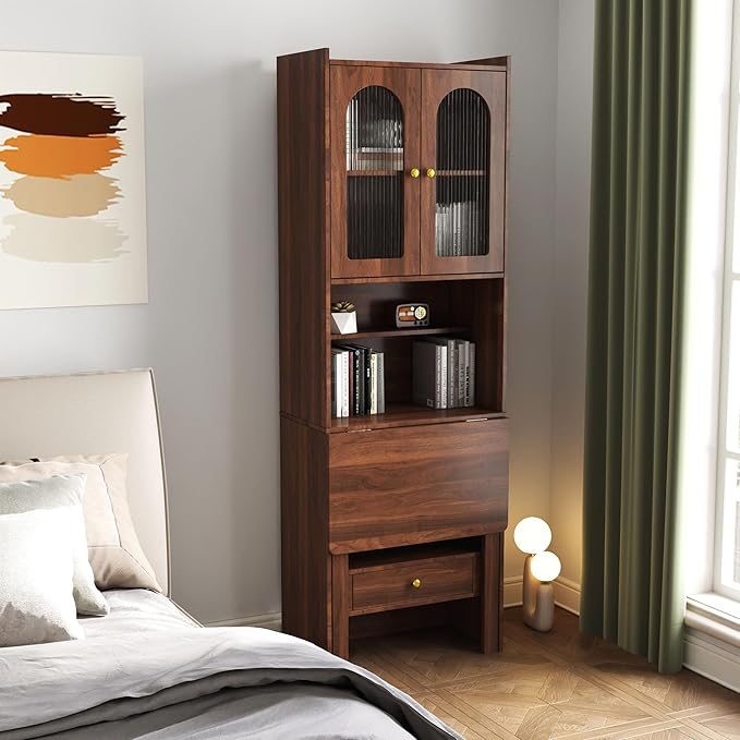 Convertible Fold Down Desk with Bookshelf &amp Drawer Multifunctional Murphy Desks with Storage Hideaway Fold Out Desk Cabinet for Small Spaces (Walnut)