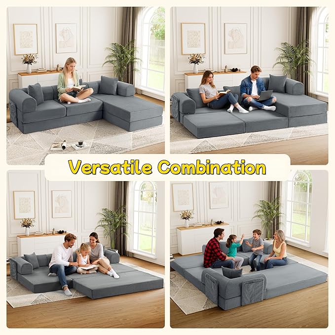 106.3 L Shape Convertible Sleeper Sofa Bed Oversized Modular Sectional Cloud Sofa with Fixed-Shape Frame &amp Storage Pocket Boneless Couch for Living Room No Assembly Required Dark Gray