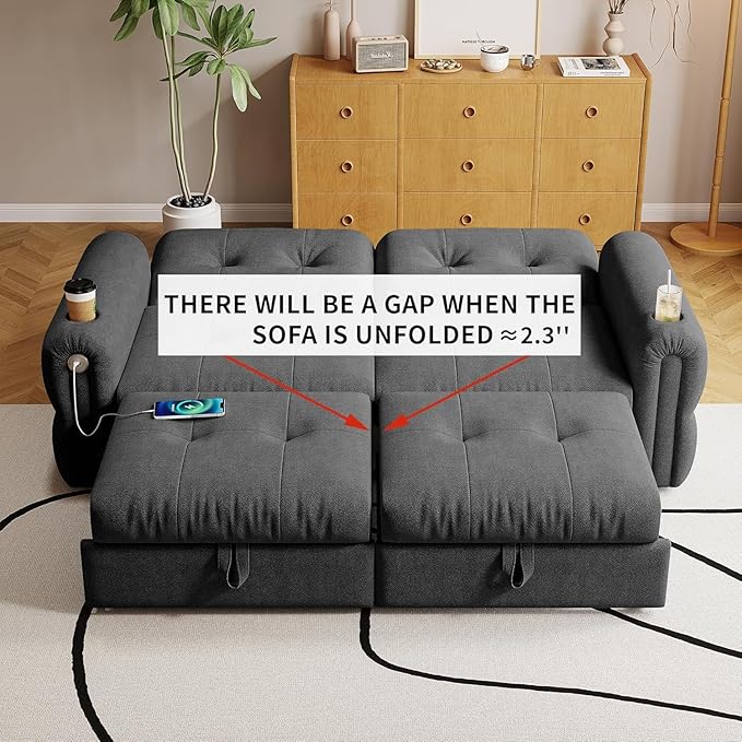 77 Pull Out Sofa Bed Velvet Convertible Sleeper Couch Loveseat Chaise Lounge with Cup Holder and USB Pullout Futon Sofa Bed for Living Room Bedroom Small Spaces RV (Dark Grey)