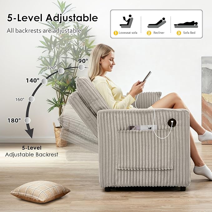 65in Sleeper Sofa Bed Convertible Pull Out Couch with Small Table| USB Port | Cup Holder | Corduroy Fabric | Adjustable Backrest for Apartment Office Bedroom Guest Room (LightGrey)