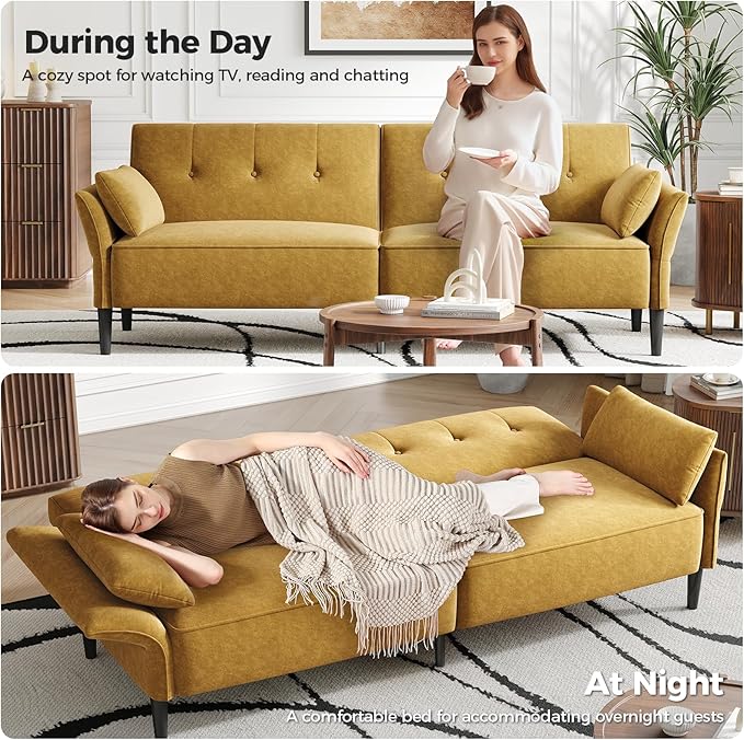 89” Futon Sofa Bed Comfy Futon Couch Bed with 2 Square PillowsConvertible Sleeper Sofa with Adjustable Backrest&amp Armrests Modern Loveseat Sleeper for Living RoomVelvet Fabric Yellow