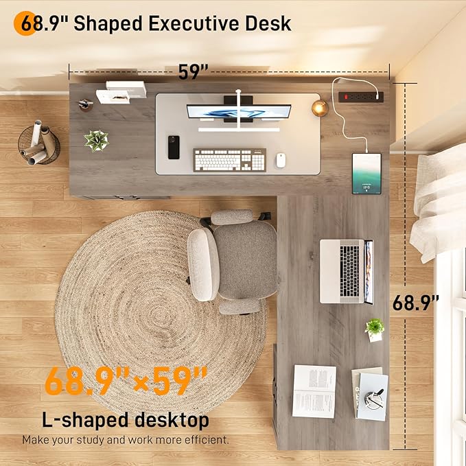 Farmhouse Home Office Desk with 6 Drawers L Shaped Executive Desk with Power Outlets and Triangle Under-Desk Storage Shelf &amp Drawer File Cabinet Corner Computer Desk Grey