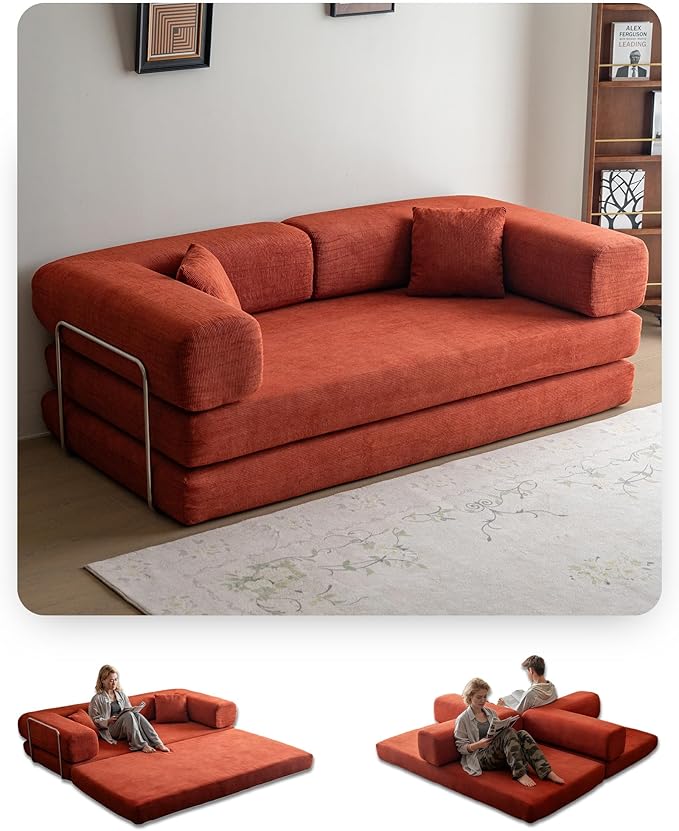 No Assembly Convertible Sofa Bed &amp 79 Boneless Couch with Pocket  5-in-1 Futon Sofa Bed with 2 Pillows Modular Pull Out Couch Bed with FrameCompression in Box for Living Room Small Spaces Orang