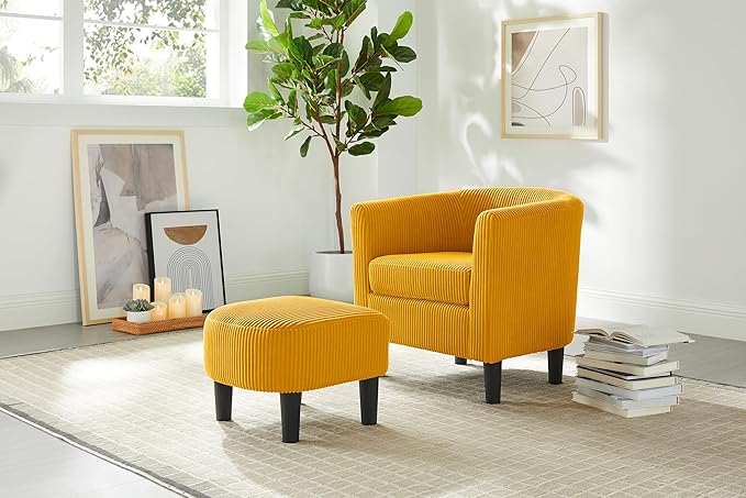 Modern Accent ChairUpholstered Arm Chair Corduroy Single Sofa Chair with Ottoman Foot Rest Comfy Armchair for Living Room Bedroom and OfficeYellow SZ170