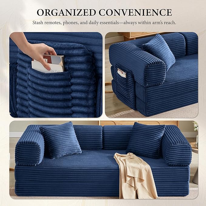 Boneless Couch Folding Couches for Living Room Sofa Futon Sofa Bed with Sleeper Sofa Futon Couch with Fixed-Shape Oversized Corduroy Upholstered (Blue 81 Inches)