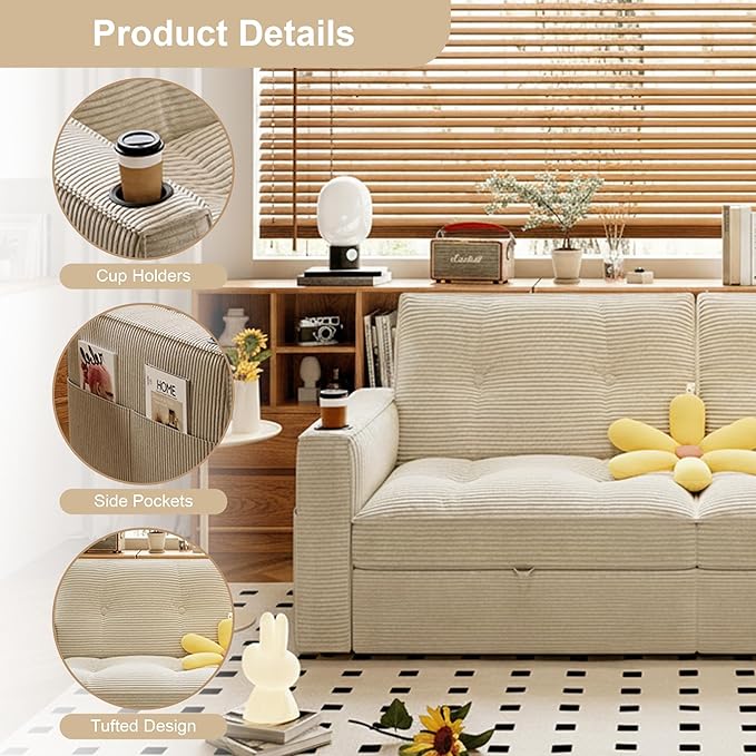 Sleeper Sofa Bed Queen Size Sofa Bed Convertible Pull Out Couch with Adjustable Backrest USB Port and Side Pockets Modern 2 Seater Small Couches for Living Room Space-Saving