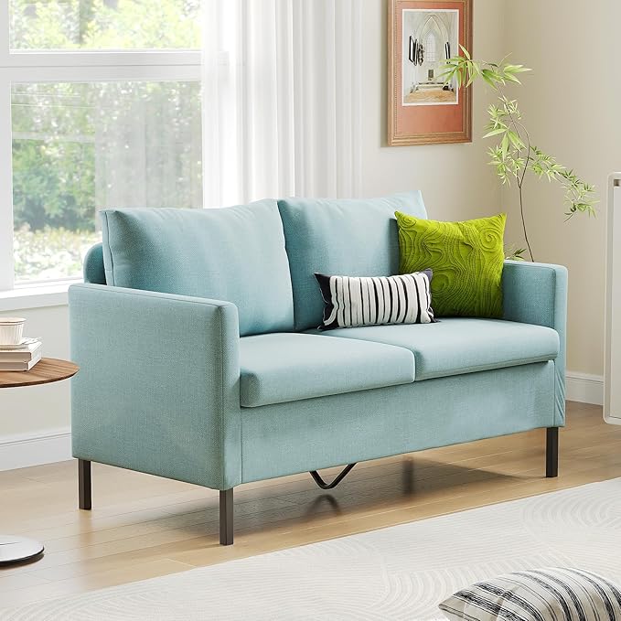 TYBOATLE 51 W Linen Fabric Upholstered Modern Loveseat Sofa Couch for Living Room Love Seats 2-Seater Furniture w/Iron Legs for Compact Space Apartment Bedroom Dorm Office Aqua Blue