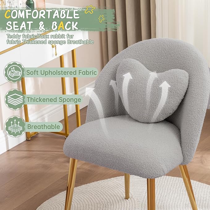 Vanity ChairAccent Makeup Comfy Cute Desk Girls Fluffy Chairs for Bedroom No Wheels Gold Metal Legs Stool (Teddy Grey)