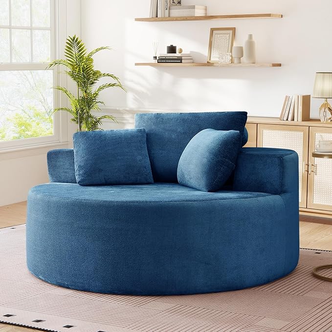 Modern Round Accent Sofa Chair for Living Room Upholstered Soft Terrycloth Barrel Lounge Arm Chair with Large seat&ampThrow Pillows for Bedroom Office Apartment Blue